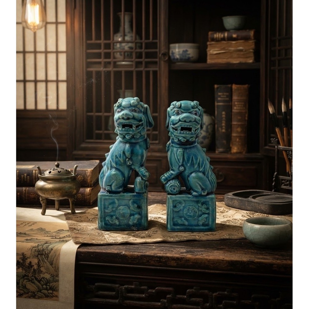 Vintage 1940s Chinese Foo Dog Pair Turquoise Blue Crackle Glaze Ceramic 6 Inch